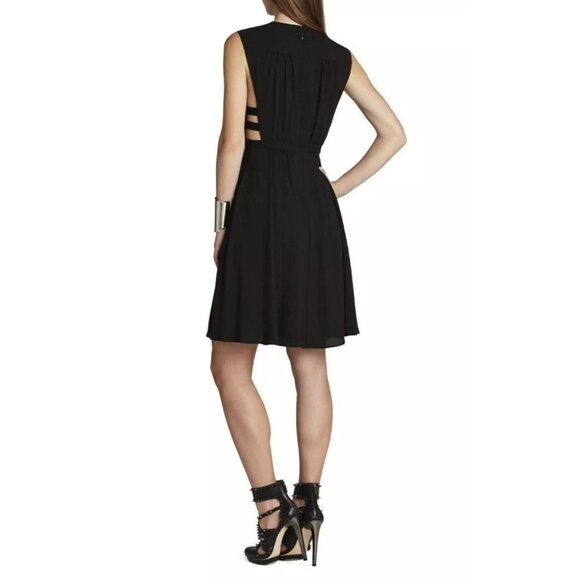 BCBGMaxAzria Black Gathered Waist Sleeveless V-neck Cutout Rachel Midi Dress XS - Picture 3 of 15